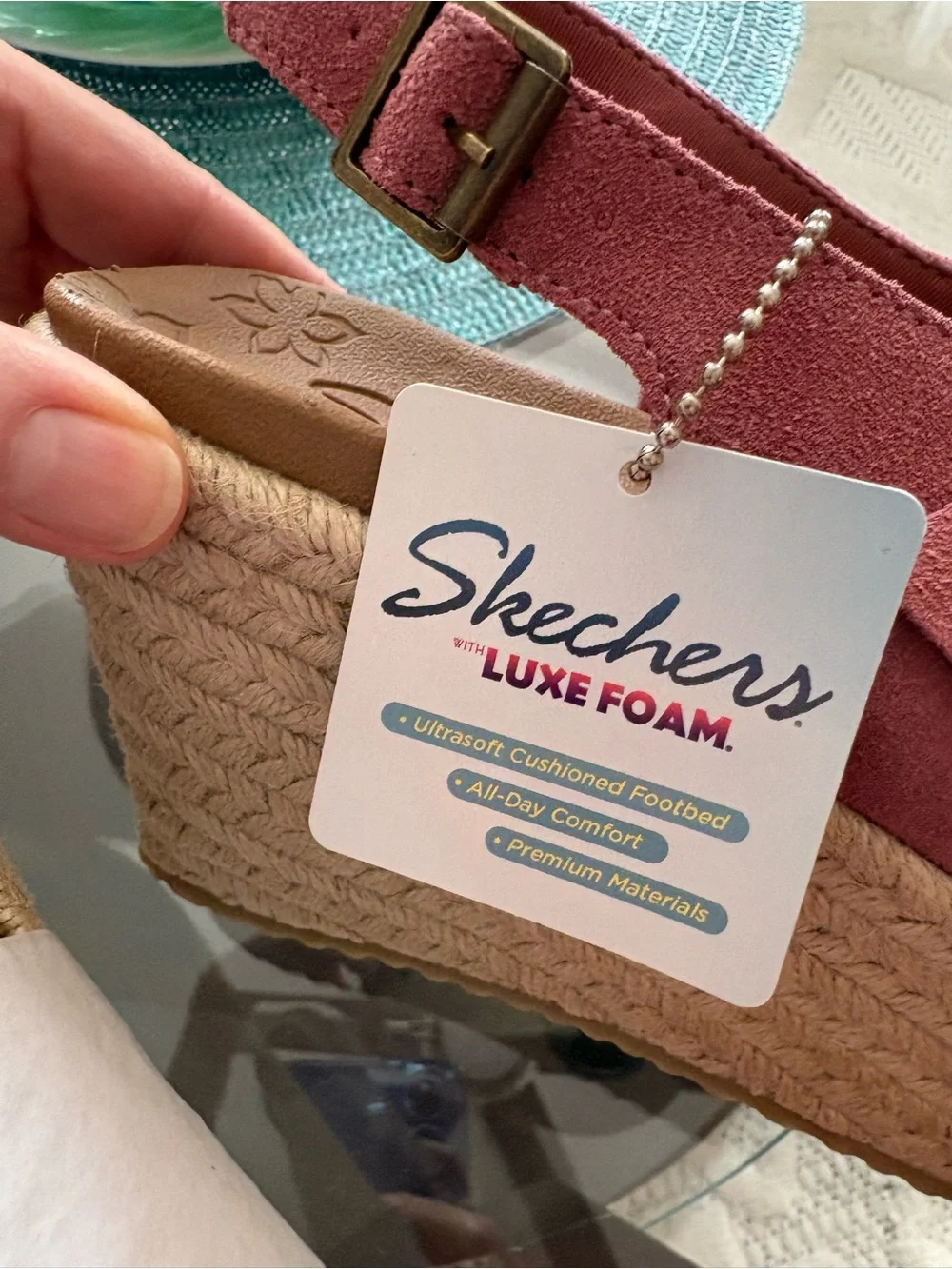Skechers Brit-TRIPPIN~BOW Rose Leather Espadrille Wedge Sandals Size 8 NIB